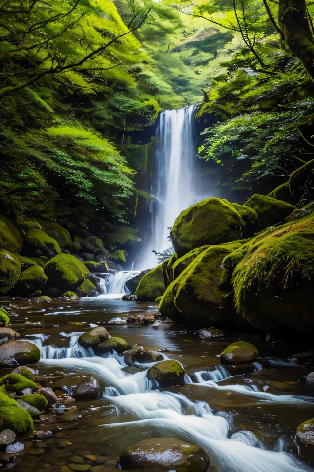 highest quality、8K、masterpiece、Japan、Mountain stream、Source Basin、A young man fly fishing、Japan人、Fresh greenery、Sunlight filtering through the trees、waterfall、Sparkling Water、moss、mysterious、Clear skies during the day