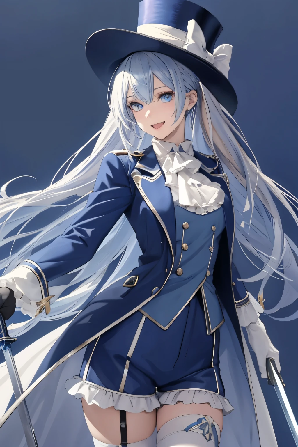 masterpiece,best quality,cinematic,dynamic lighting,Furina,1girl, solo, long hair, looking at viewer, smile, open mouth, bangs, blue eyes, shirt, gloves, long sleeves, hat, bow, holding, hair between eyes, jewelry, very long hair, blue hair, standing, jacket, white shirt, ponytail, weapon, ahoge, white hair, :d, multicolored hair, frills, shorts, black gloves, sword, white gloves, holding weapon, coat, short shorts, ascot, thigh strap, feet out of frame, blue background, blue bow, holding sword, blue jacket, frilled sleeves, brooch, hat bow, low ponytail, blue headwear, blue theme, white shorts, top hat, tilted headwear, cane, blue gemstone, coattails, blue ascot, tailcoat,