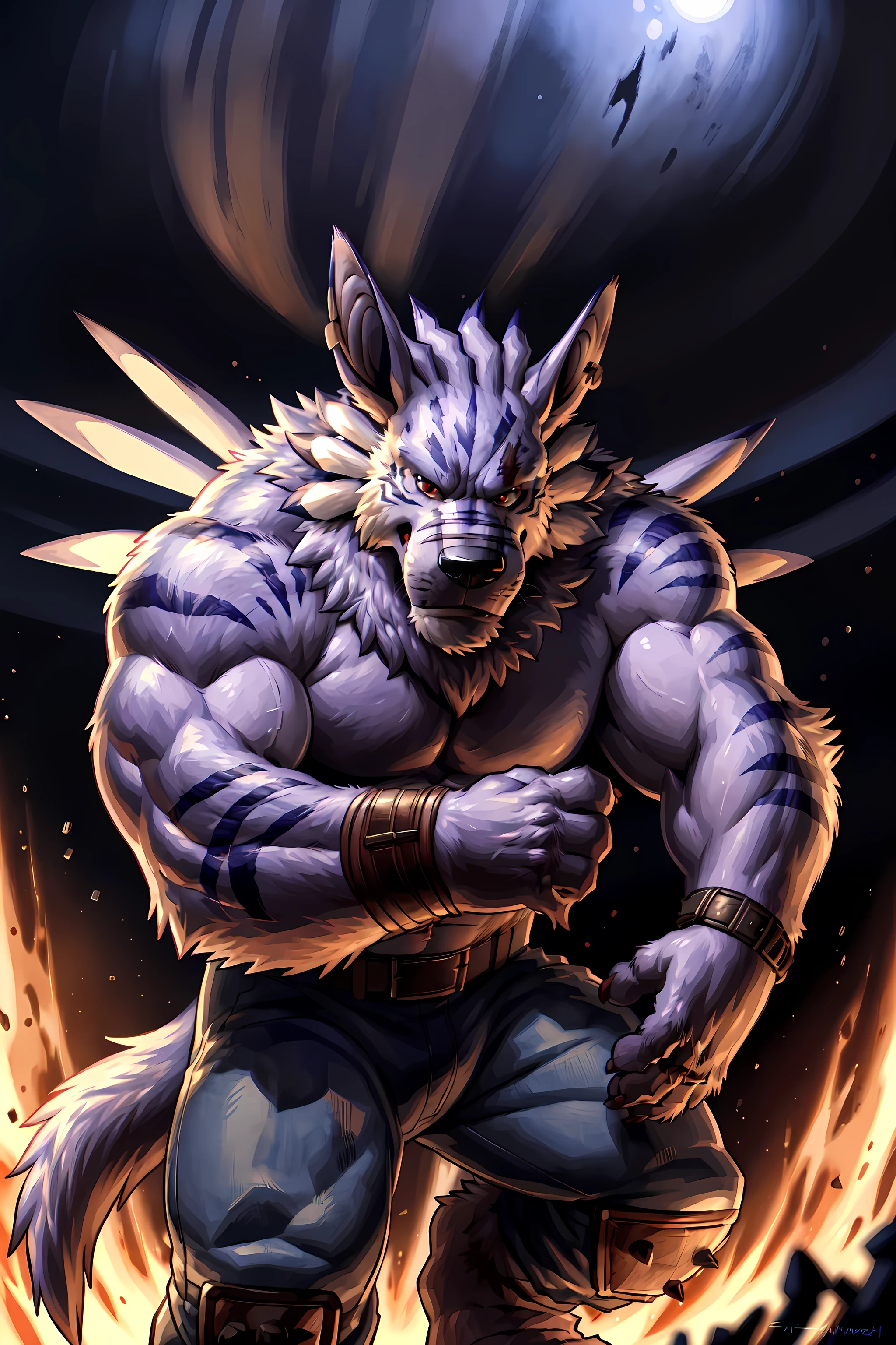 weregarurumon, 4k, high resolution, best quality, detailed, posted on e621, solo, anthro body, older male, masculine, male, very masculine, (very muscular, defined muscles, heavyweight):1.2, (plain background, explosive background:1.1), correct anatomy, (red eyes, detailed eyes:1.1), detailed face, detailed head, sexy, (cel shaded, cartoony shading, strong shadows, dramatic lighting):1.3, confident, (by wfa, by takemoto arashi, by meesh, by Taran Fiddler), strong, (half body, upper body:1.1), stern face, mwvector