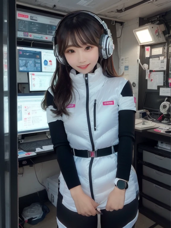 masterpiece, highest quality, Very detailed, 8K Portrait,Japanese Android Girl,plump , Control panel,Robotic arms and legs, Blunt bangs,,break (Metallic Gray, Metallic luster, Mirror finish, Astro Best):5,headphone:5,break (Black sleeves):100,Smart Watches,Futuristic space station,Control Room,break headphone,blue eyes,(Black Hair):2,(Long Hair):1.3,View the viewer,(respirator),break blush:3,Hidden Hand,smile