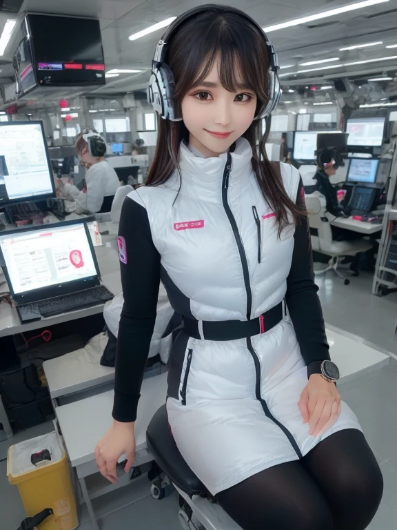 masterpiece, highest quality, Very detailed, 8K Portrait,Japanese Android Girl,plump , Control panel,Robotic arms and legs, Blunt bangs,,break (Metallic Gray, Metallic luster, Mirror finish, Astro Best):5,headphone:5,break (Black sleeves):100,Smart Watches,Futuristic space station,Control Room,break headphone,blue eyes,(Black Hair):2,(Long Hair):1.3,View the viewer,(respirator),break blush:3,Hidden Hand,smile