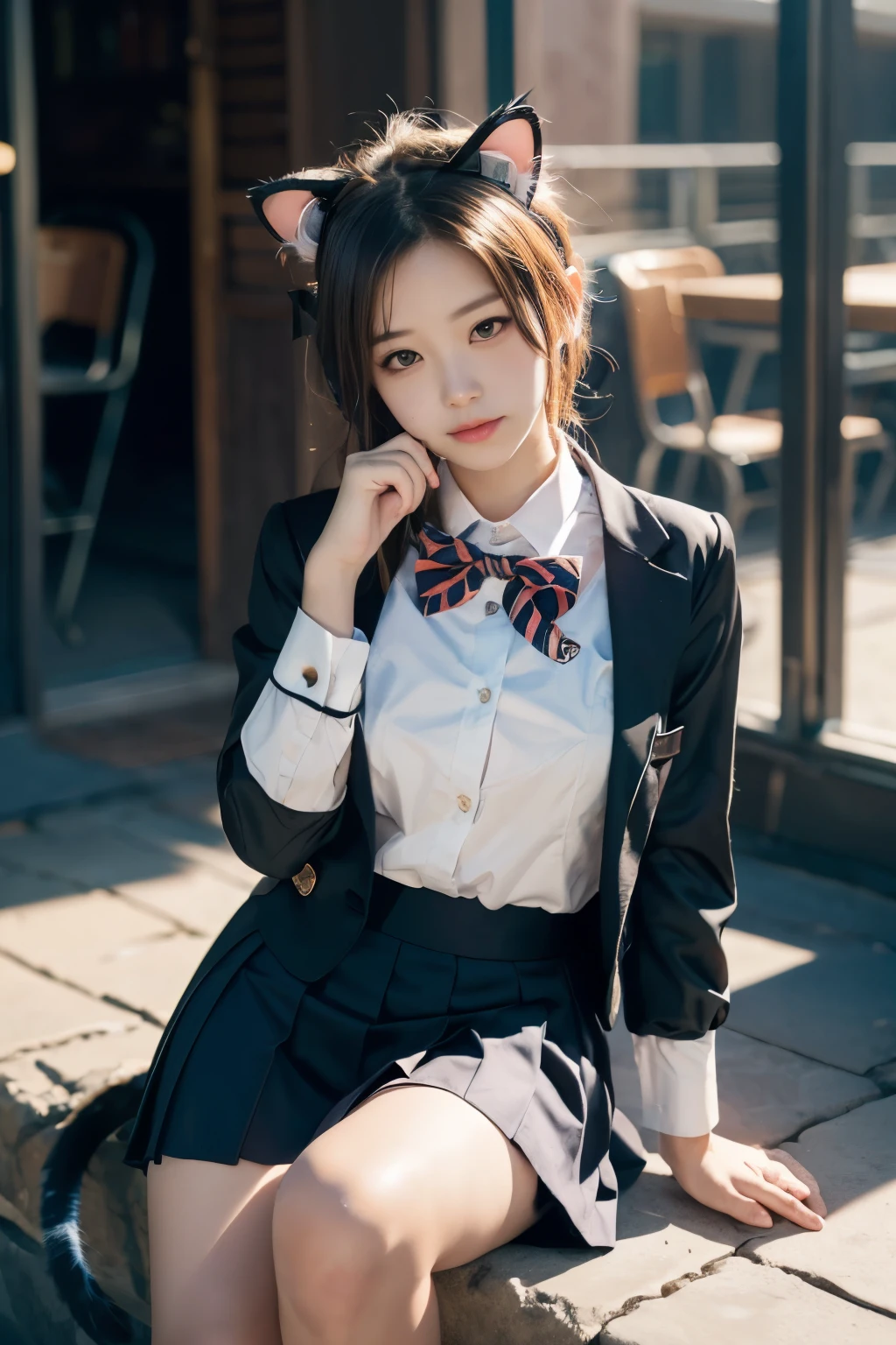 Masterpiece, bokeh, (Cat ears:1.4), Sitting in sundown seashore, Looking at the viewer, (high school uniform:1.3),