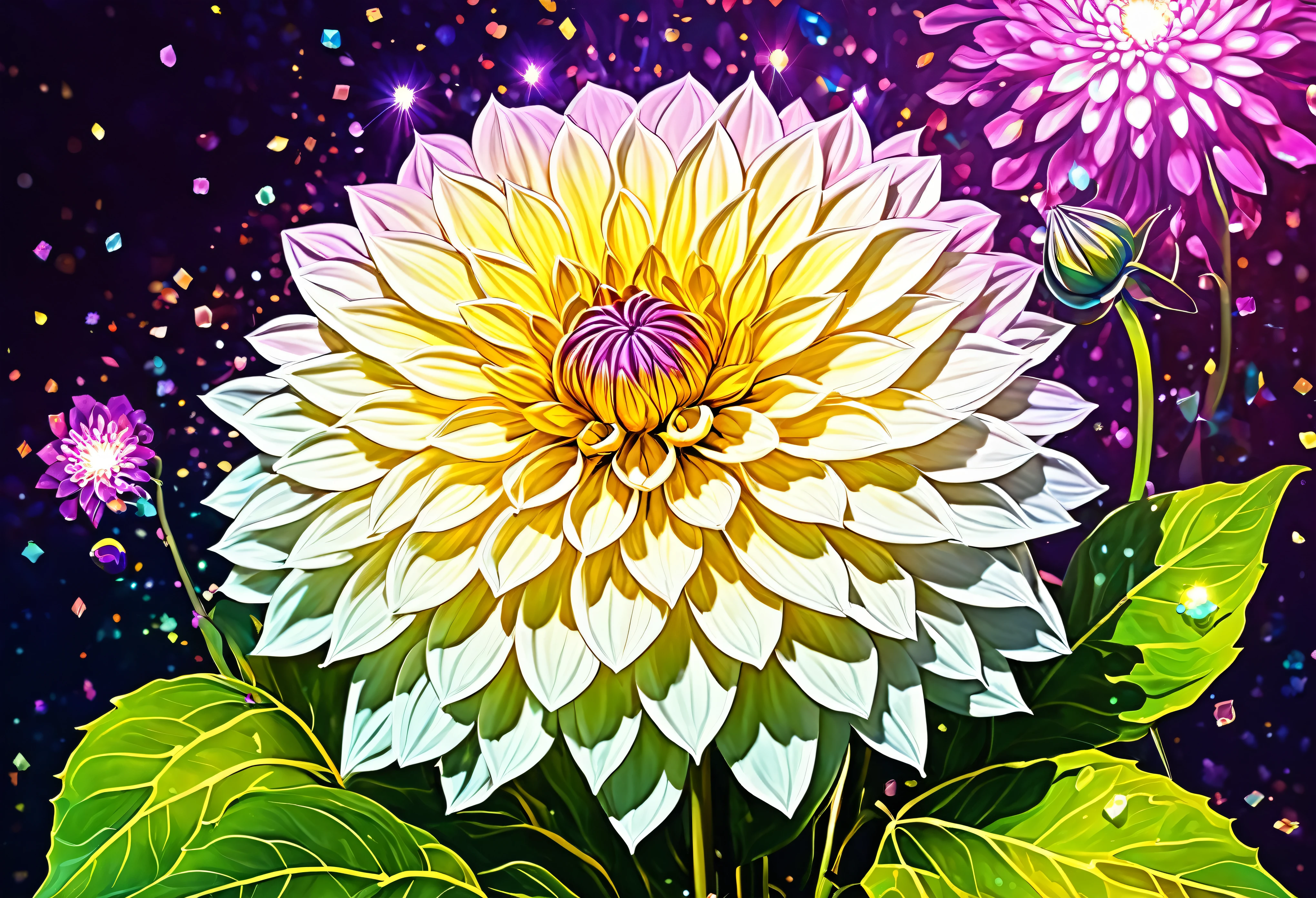 Digital art detailed for the best masterpieces, Highest Quality, with sparkling delicate yellow and pink dahlia flowers with elegant leaves,、Flowers against the background of colorful diamonds, Graceful stems, And delicate, And elegant, flowey, Glittering petals, flowercore, surrounded flower, Radiant magic representing flowers, Beautiful animations, 16k race bright flowers, Beautiful Art U Hard Disk 4k, Detailed Painting in 4K, Beautiful flowers and crystals, Luminous flowers, huge flower, light bloom, full bloom, Glowing flowers with bloom ether effect, Magic colorful flowers with flower pieces in the middle of the garden, floral environment, Beautiful Art U Hard Disk 4k, magical flowers, Flower explosion, Beautiful digital painting detailed in emergency digital photography, Detailed Painting in 4K, background artwork, Flower explosion, Floral flower color, highly-detailed digital painting, Appeared in 4K, Best Quality, hight resolution, 1080p, hard disk, 4K, 8K