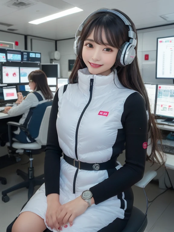 masterpiece, highest quality, Very detailed, 8K Portrait,Japanese Android Girl,plump , Control panel,Robotic arms and legs, Blunt bangs,,break (Metallic Gray, Metallic luster, Mirror finish, Astro Best):5,headphone:5,break (Black sleeves):100,Smart Watches,Futuristic space station,Control Room,break headphone,blue eyes,(Black Hair):2,(Long Hair):1.3,View the viewer,(respirator),break blush:3,Hidden Hand,smile