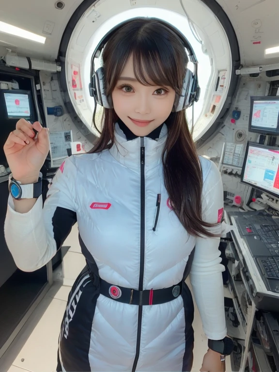 masterpiece, highest quality, Very detailed, 8K Portrait,Japanese Android Girl,plump , Control panel,Robotic arms and legs, Blunt bangs,,break (Metallic Gray, Metallic luster, Mirror finish, Astro Best):5,headphone:5,break (Black sleeves):100,Smart Watches,Futuristic space station,Control Room,break headphone,blue eyes,(Black Hair):2,(Long Hair):1.3,View the viewer,(respirator),break blush:3,Hidden Hand,smile