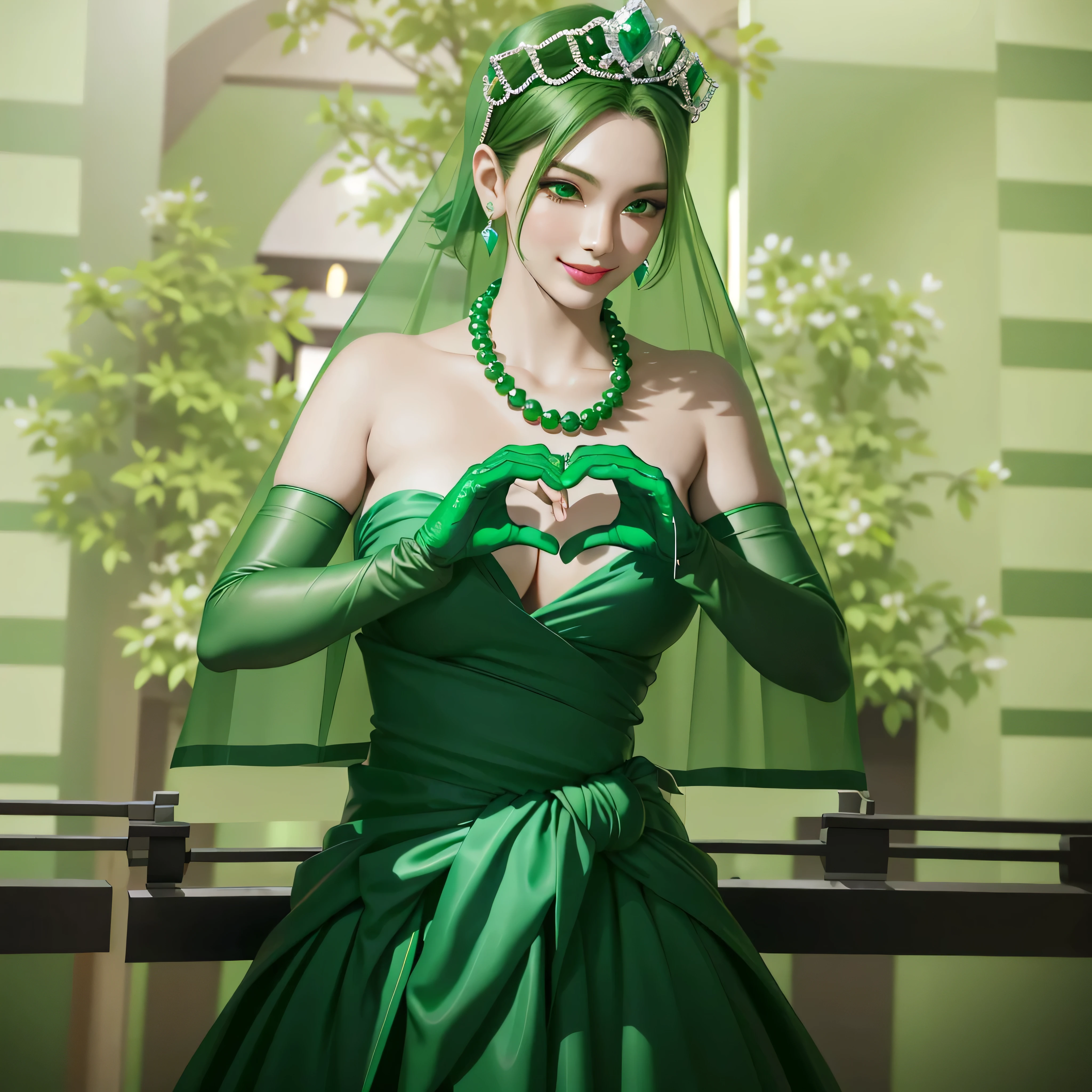 Emerald tiara, Green Pearl Necklace, Boyish very short green hair, Green Lips, Smiling Japanese woman, Very short hair, Busty beautiful lady, Green Eyes, Green satin long gloves, Green Eyes, Emerald Earrings, Green Veil, Heart with both hands, Green Hair, Beautiful Japanese Woman, Heart shaped hands:1.3, green lip gloss