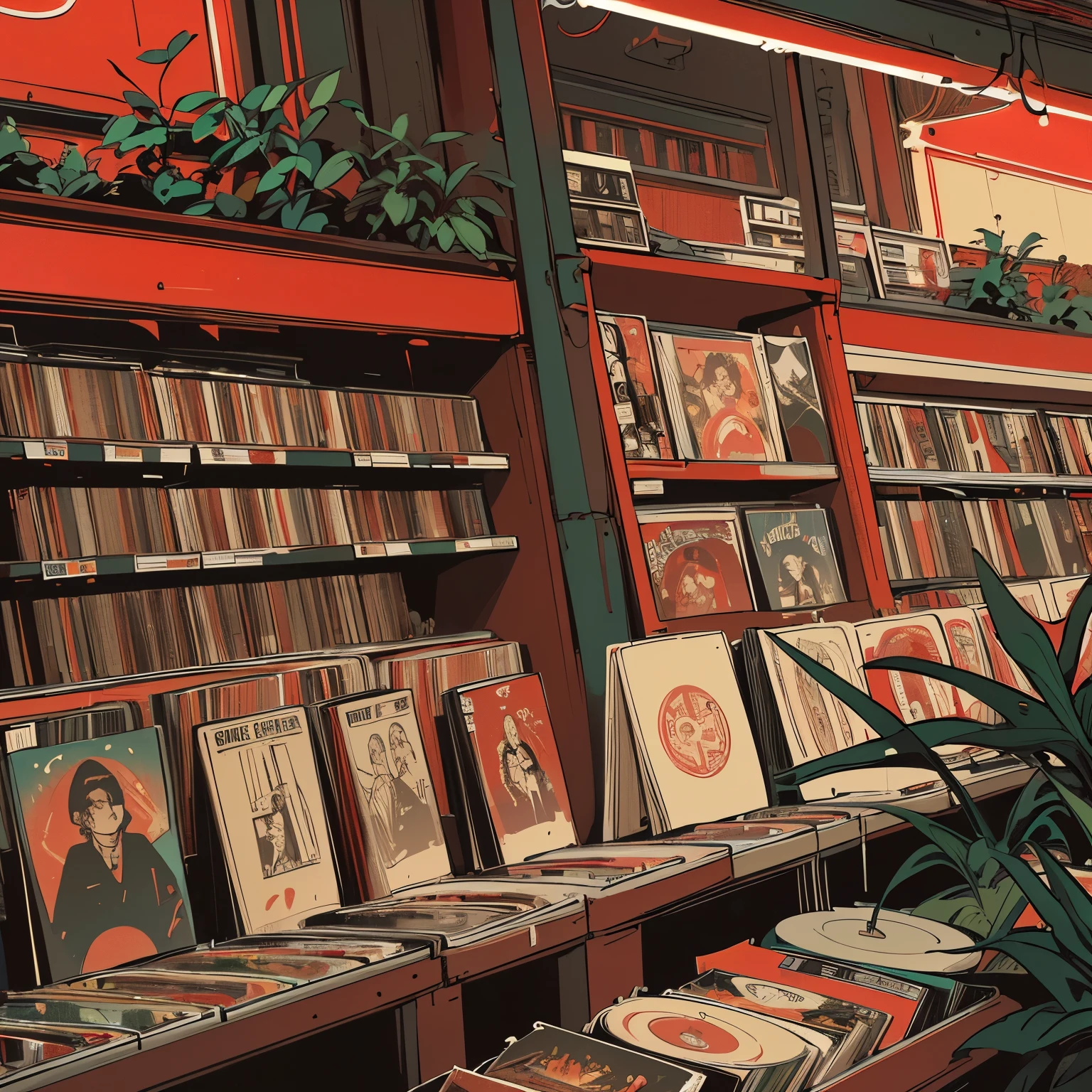 extreme quality, masterpiece, 8k, depth of field, intricate details, (((unattended))), space, movie poster, (((record store))), nostalgia, panorama, long shot, (((records on the shelves.))), (((Various angles))),Future Interior, (((neon))), (((Plants))), (((red color)))