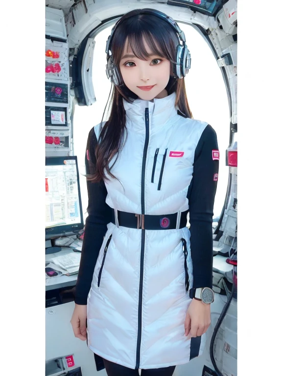 masterpiece, highest quality, Very detailed, 8K Portrait,Japanese Android Girl,plump , Control panel,Robotic arms and legs, Blunt bangs,,break (Metallic Gray, Metallic luster, Mirror finish, Astro Best):5,headphone:5,break (Black sleeves):100,Smart Watches,Futuristic space station,Control Room,break headphone,blue eyes,(Black Hair):2,(Long Hair):1.3,View the viewer,(respirator),break blush:3,Hidden Hand,smile
