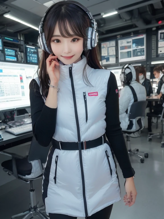 masterpiece, highest quality, Very detailed, 8K Portrait,Japanese Android Girl,plump , Control panel,Robotic arms and legs, Blunt bangs,,break (Metallic Gray, Metallic luster, Mirror finish, Astro Best):5,headphone:5,break (Black sleeves):100,Smart Watches,Futuristic space station,Control Room,break headphone,blue eyes,(Black Hair):2,(Long Hair):1.3,View the viewer,(respirator),break blush:3,Hidden Hand,smile