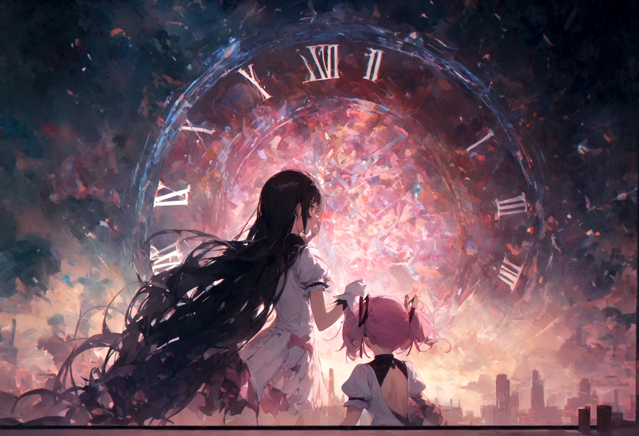 (2girls:1.5),(akemi_homura\(Puella Magi Madoka Magica,Magical_Girl,black long hair\) and kaname_madoka\(Puella Magi Madoka Magica,Magical_Girl,pink short twin tails\) are holding hands:1.3),colorful and geometric and chaotic background of chaotic gothic shadow puppet castles,(in a very psychedelic nightmare),big clock motif at the center of background,  BREAK ,quality\(8k,wallpaper of extremely detailed CG unit, ​masterpiece,hight resolution,top-quality,top-quality real texture skin,hyper realisitic,increase the resolution,RAW photos,best qualtiy,highly detailed,the wallpaper,cinematic lighting,ray trace,golden ratio\),(long shot),wide shot,landscape,blured background
