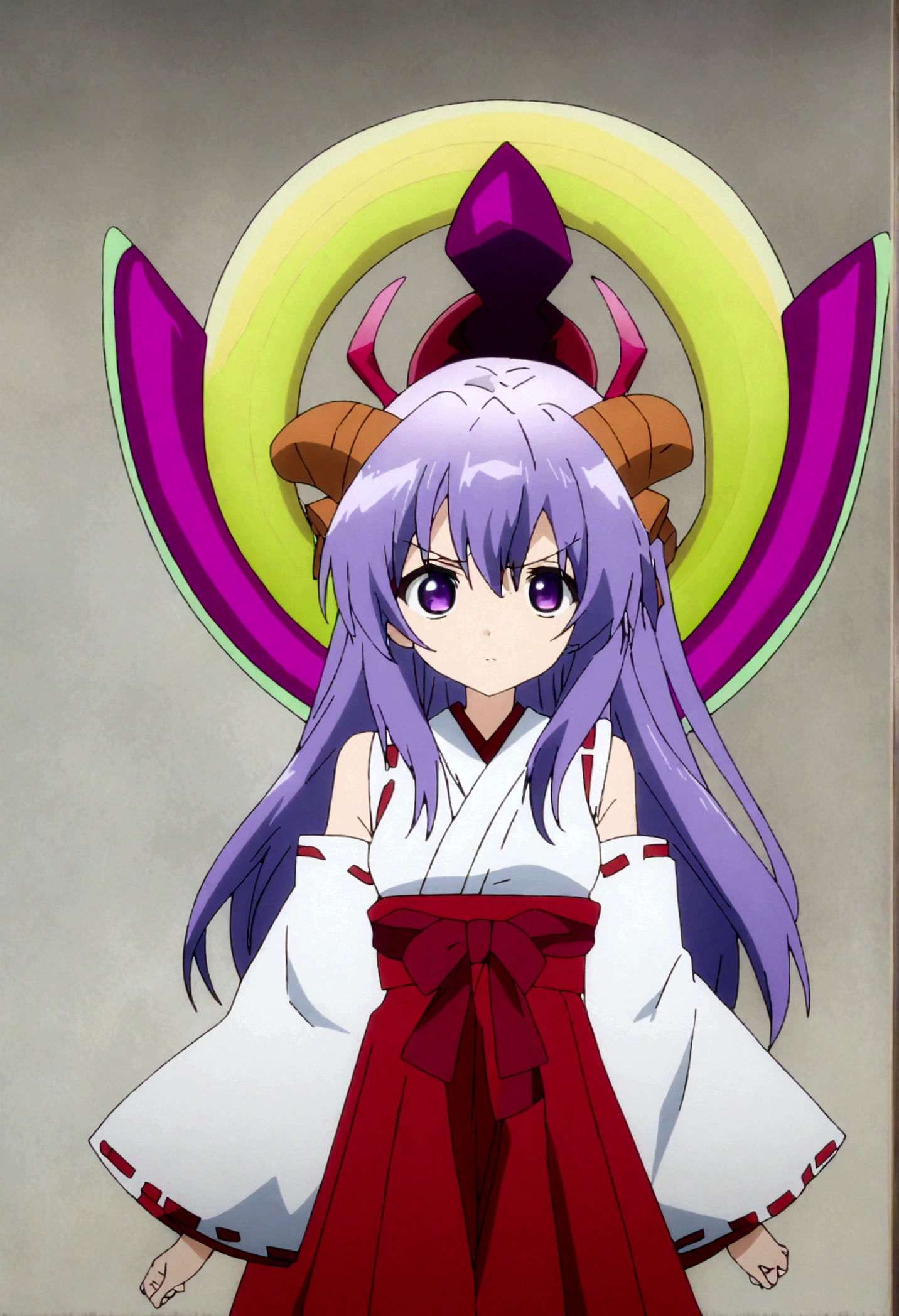 score_9, score_8_up, score_7_up, score_6_up, source_anime,BREAK , 1girl, hanyuu, solo, (tween:1.2), kawaii, ((horns)), medium breasts, purple eyes, purple hair, long hair, simple background, white background, japanese clothes, miko, skirt, hakama, hakama skirt, red detached sleeves, red hakama,v-arms,,straight-on,,anime screencap, anime coloring
