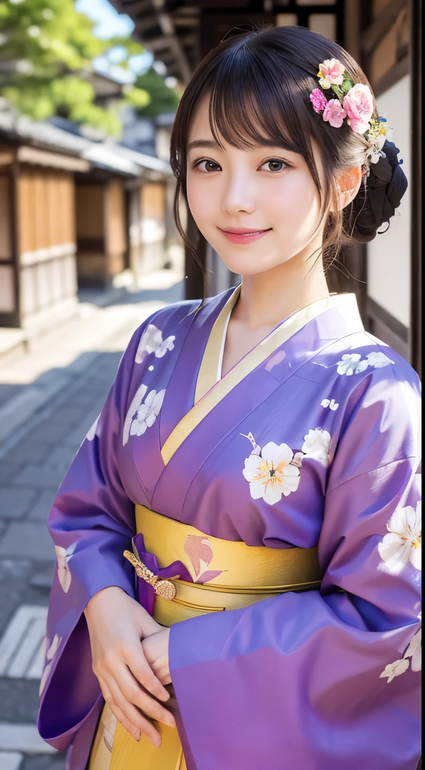 Professional Lighting,(Photorealistic:1.4), (Top image quality:1.0), (超A high resolution:1.0), 8k, Raw photography, (masterpiece:0.2), (Facing the children_v1:0.5)、(最高quality Detail:1.2)、Realistic、8K Ultra HD、High resolution、(1 girl:1.2)、超detailedな、High quality textures、複雑なdetailed、detailed、Very detailed CG、High quality shadows、detailed 美しく繊細な顔、Beautiful details and a delicate eye、(Symmetrical eyes:1.2),Written boundary depth、Ray Tracing,1 girl, Japanese Girls, (Natural smile:1.4),cute, thin, Portrait of a beautiful Japanese woman in a kimono, Standing elegantly on a street corner in Kyoto. Kimono with vibrant traditional patterns, Hair decorated with elegant and delicate hairpins, Gentle expression. (With the old streets of Kyoto in the background:1.4)、The soft light of a spring afternoon、Adding tranquility to the scene. Rendered in a Realistic style with great attention to detail, High resolutionの画像.Sky Porn, Magic Hour, (Realistic:1.3), finely, quality, (Tabletop:1.2), (Realistic:1.2), (最高quality), (複雑なdetailed), dramatic, Ray Tracing, photograph, +roller