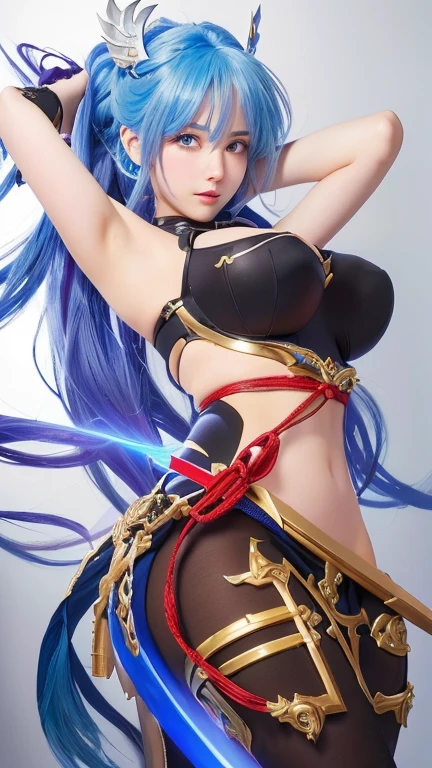 a close up of a woman with blue hair and a sword, extremely detailed artgerm,  goddess, aqua from konosuba, ayaka genshin impact, cushart krenz key art feminine, style artgerm, full body xianxia, keqing from genshin impact, genshin, irelia from league of legends