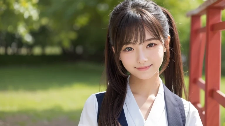 Produce the highest quality and highest resolution 8K images。The model is a 20-year-old Japanese woman.。Please draw an image of a woman traveling alone, smiling and taking a commemorative photo.。Please draw the whole body of the model。She has brown eyes and a model figure.、She has an idol-level cute face.。The hair is in a ponytail。Skin has a healthy color。Clothes、I'm wearing early summer clothes。