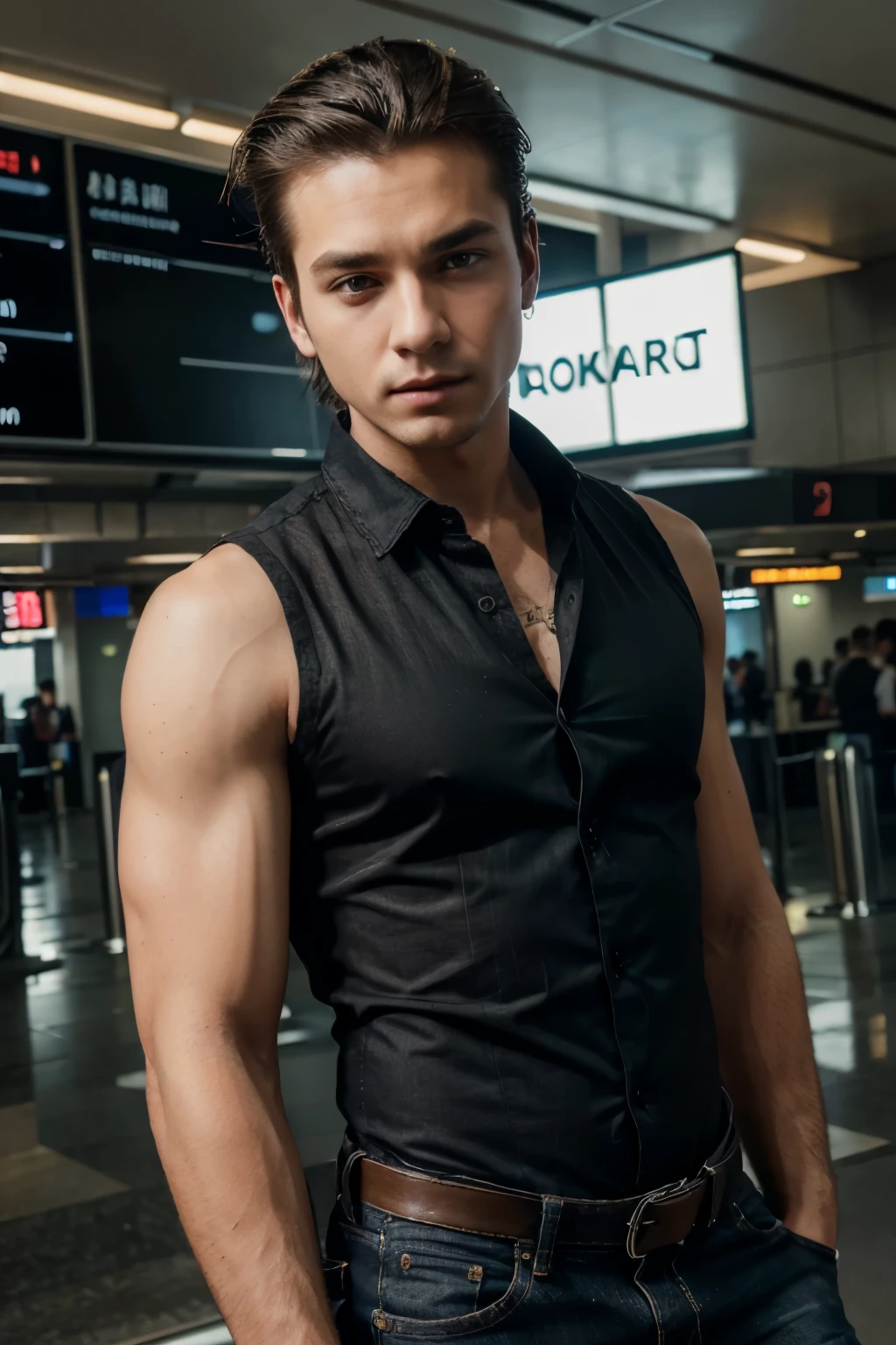 Masterpiece, realistic, HD, 8k, (perfect lightning), ((young man)), cute face, slicked back hair, wearing a black button shirt with sleeveless shirt, ripped-jeans, aat airport