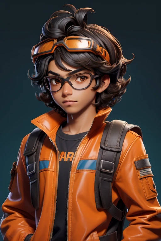 masterpiece, best quality, 1 boy, brown skin, black hair, wavy hair, short hair, Indonesian, adventurer clothes, orange jacket, bright blue shirt , big biker goggles on top of head head, simple background, solo, upper body