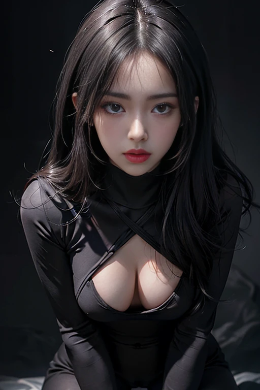 Skin-tight black bodysuit, Volumetric lighting、Highly detailed face、One girl、Exposed thighs、Exposed buttocks、(Accentuate small breasts)、、dark、Deep Shadow、Low Key、Hair length、Gray Hair、Top view