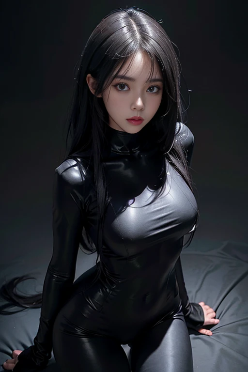 Skin-tight black bodysuit, Volumetric lighting、Highly detailed face、One girl、Exposed thighs、Exposed buttocks、(Accentuate small breasts)、、dark、Deep Shadow、Low Key、Hair length、Gray Hair、Top view