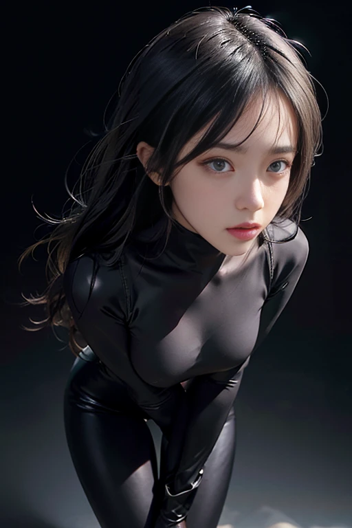 Skin-tight black bodysuit, Volumetric lighting、Highly detailed face、One girl、Exposed thighs、Exposed buttocks、(Accentuate small breasts)、、dark、Deep Shadow、Low Key、Hair length、Gray Hair、Top view