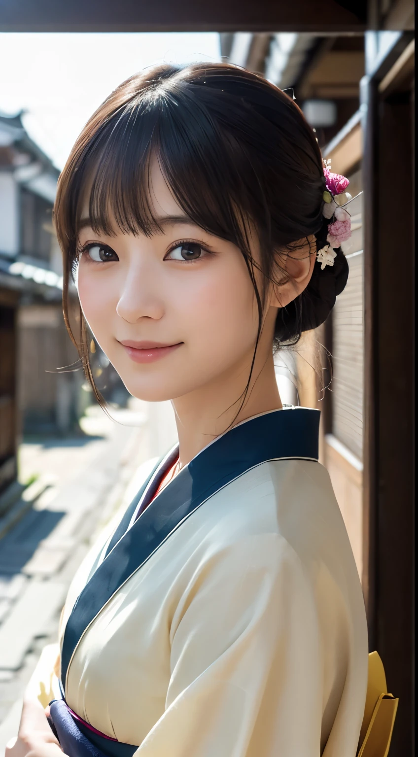 Professional Lighting,(Photorealistic:1.4), (Top image quality:1.0), (超A high resolution:1.0), 8k, Raw photography, (masterpiece:0.2), (Facing the children_v1:0.5)、(最高quality Detail:1.2)、Realistic、8K Ultra HD、High resolution、(1 girl:1.2)、超detailedな、High quality textures、複雑なdetailed、detailed、Very detailed CG、High quality shadows、detailed 美しく繊細な顔、Beautiful details and a delicate eye、(Symmetrical eyes:1.2),Written boundary depth、Ray Tracing,1 girl, Japanese Girls, (Natural smile:1.4),cute, thin, Portrait of a beautiful Japanese woman in a kimono, Standing elegantly on a street corner in Kyoto. Kimono with vibrant traditional patterns, Hair decorated with elegant and delicate hairpins, Gentle expression. (With the old streets of Kyoto in the background:1.4)、The soft light of a spring afternoon、Adding tranquility to the scene. Rendered in a Realistic style with great attention to detail, High resolutionの画像.Sky Porn, Magic Hour, (Realistic:1.3), finely, quality, (Tabletop:1.2), (Realistic:1.2), (最高quality), (複雑なdetailed), dramatic, Ray Tracing, photograph, +roller