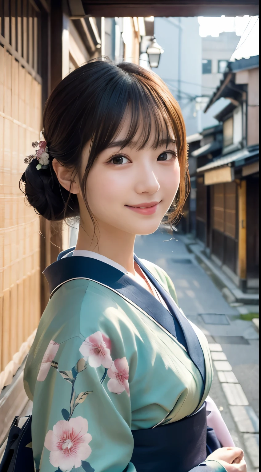 Professional Lighting,(Photorealistic:1.4), (Top image quality:1.0), (超A high resolution:1.0), 8k, Raw photography, (masterpiece:0.2), (Facing the children_v1:0.5)、(最高quality Detail:1.2)、Realistic、8K Ultra HD、High resolution、(1 girl:1.2)、超detailedな、High quality textures、複雑なdetailed、detailed、Very detailed CG、High quality shadows、detailed 美しく繊細な顔、Beautiful details and a delicate eye、(Symmetrical eyes:1.2),Written boundary depth、Ray Tracing,1 girl, Japanese Girls, (Natural smile:1.4),cute, thin, Portrait of a beautiful Japanese woman in a kimono, Standing elegantly on a street corner in Kyoto. Kimono with vibrant traditional patterns, Hair decorated with elegant and delicate hairpins, Gentle expression. (With the old streets of Kyoto in the background:1.4)、The soft light of a spring afternoon、Adding tranquility to the scene. Rendered in a Realistic style with great attention to detail, High resolutionの画像.Sky Porn, Magic Hour, (Realistic:1.3), finely, quality, (Tabletop:1.2), (Realistic:1.2), (最高quality), (複雑なdetailed), dramatic, Ray Tracing, photograph, +roller