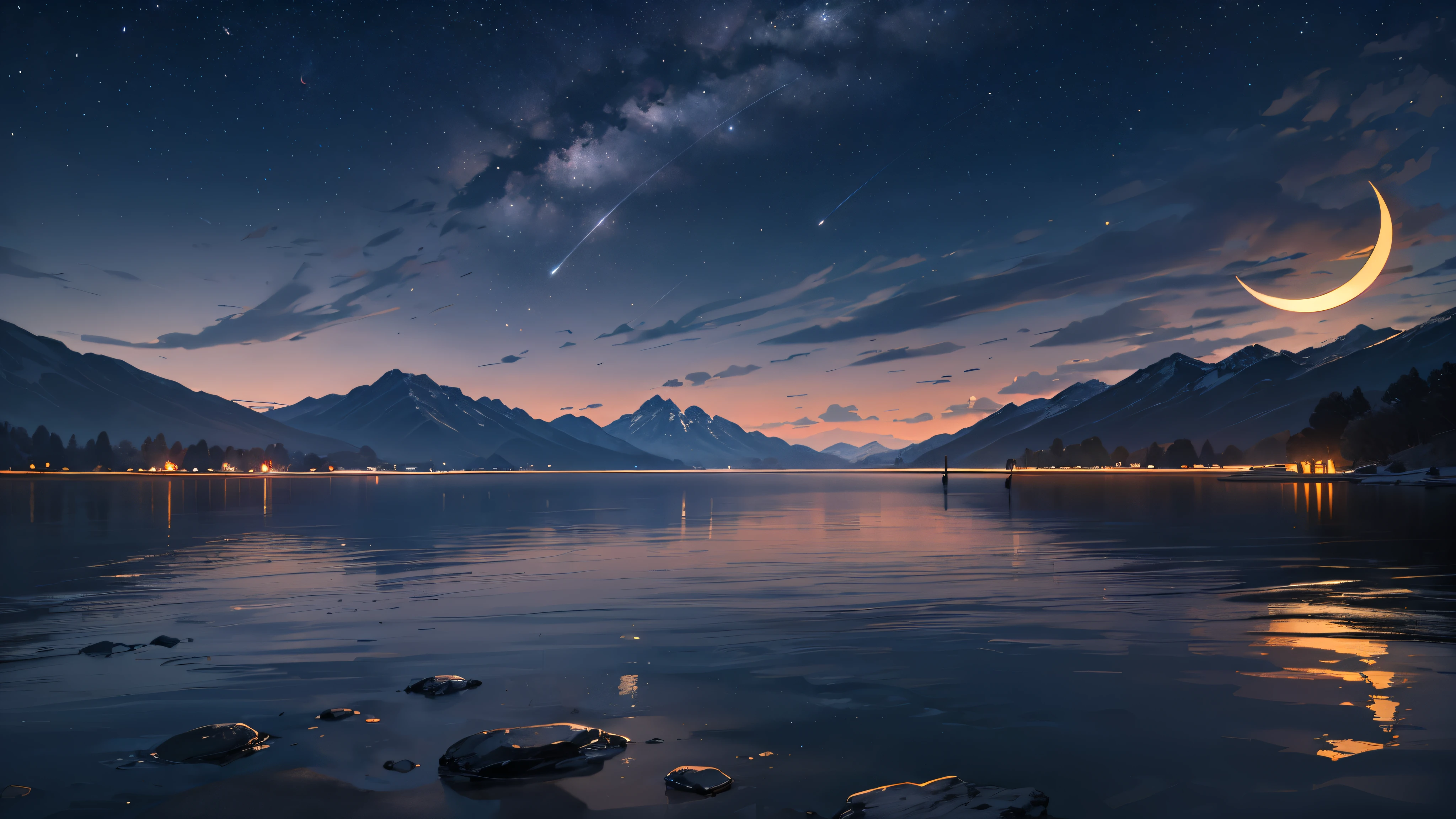 A serene night sky filled with countless stars, a crescent moon casting a gentle glow on a tranquil lake, reflecting the celestial spectacle, distant mountains framing the scene, evoking a sense of cosmic wonder, Photography, Canon EOS R5 with a 24mm prime lens, f/2.8 aperture, --auto --s2