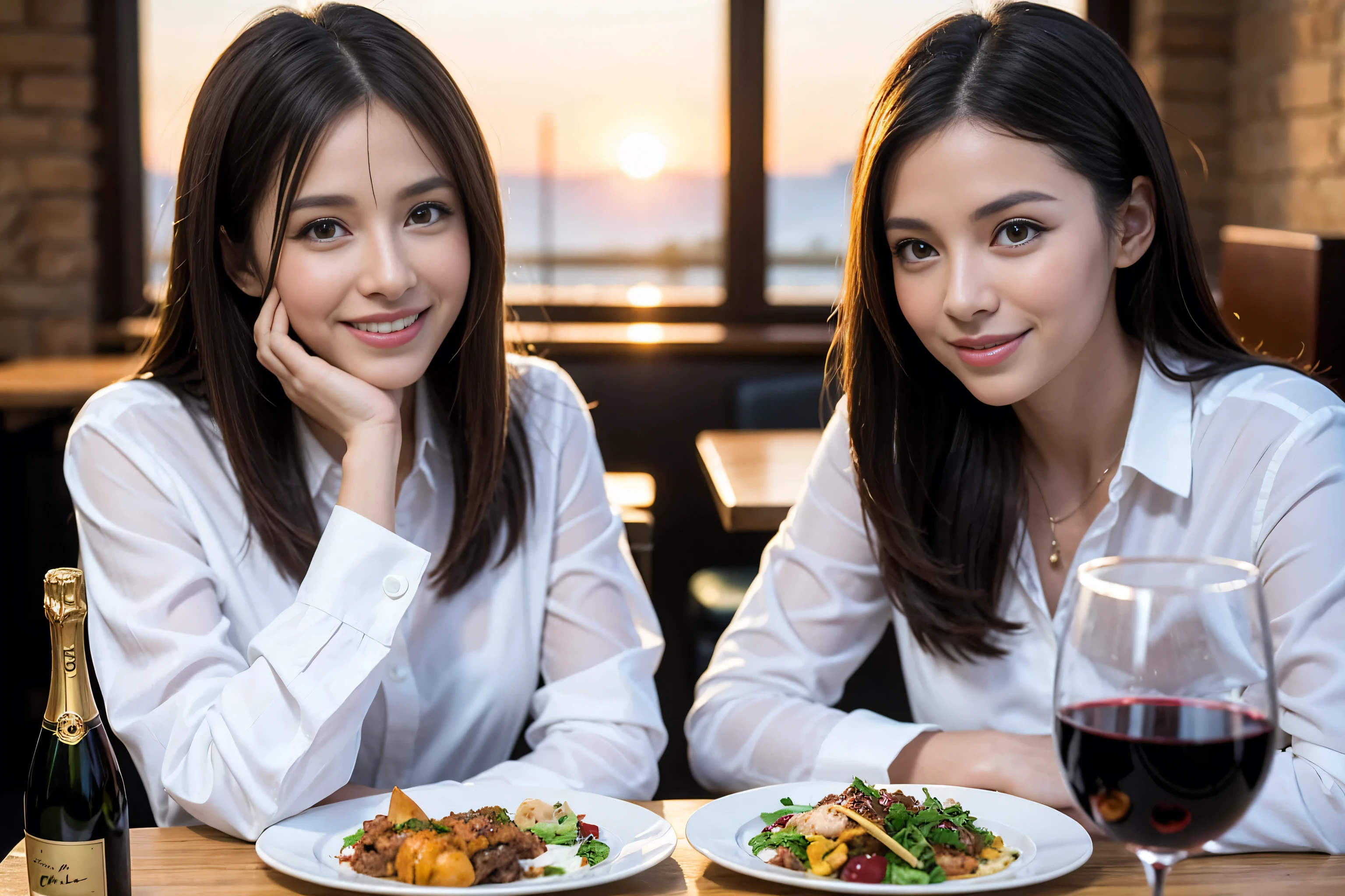 ((highest quality、8k、masterpiece:1.3))、1 male 1 female、lover、Beautiful couple、Smile、full-course dinner、 (Slim face), (the body is スリム), (Brown Hair), (Shortcuts), ((Bob Hale、Straight hair:1.2)), Wine glass on the table、Please shine a light on my face、 Amazing view of the sunset sky and clouds、The beauty of a smile、Bright image、Blushing, Shortcuts,Bright Face、 (42 years old), 39 years old, red wine 、Appetizers、Italian food、Wine bottle、Champagne、sparkling wine、Long sleeve shirt、dress、Attractive beauty、restaurant, Nova Frog Style, actress, model, Upper Body, White wine, red wine, wine glass,