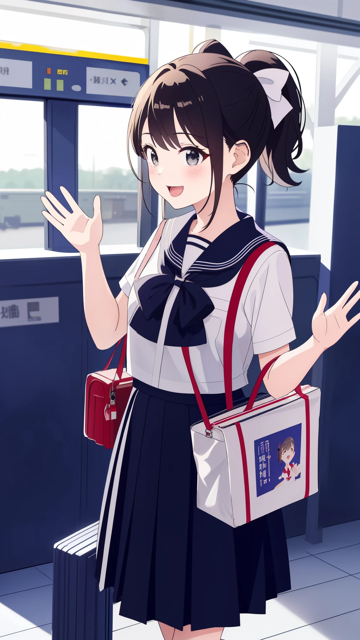 ultra-detailed,masterpiece,best quality,jcf, 1girl,,black ponytail,large bow,,shirt,skirt, Laughing with your mouth open、A little far away、Station ticket gates、Bye bye and waving、Evening view