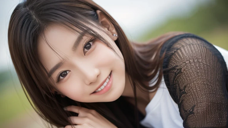 (8K、top-quality、​masterpiece:1.2)、(reallistic、Photorealsitic:1.37)、The ultra -The high-definition、女の子1人、cute little、独奏、Beautiful sky、Detailed Cafe、natta、Sitting、date、(Nasal redness)、(a smile:1.15)、(Mouth closed)、small tits、beautidful eyes、natta、wet​、Sateen、Floating Hair NovaFrogStyle、ulzzang-6500:0.3、manhattan