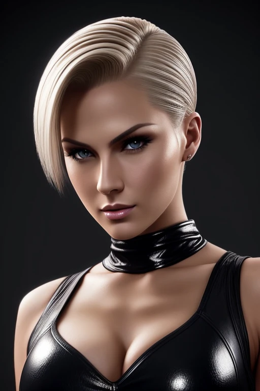 Gorgeous european woman with very short hair, short hair, wet hair, hair slicked back, combed straight back, slick hair, streaked blonde hair, seductive, torn ragged clothes, cleavage, solid dark grey background