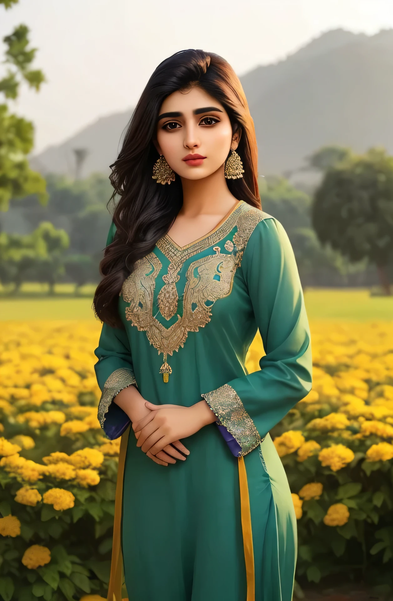 Beautiful pakistani girl, age 26, in pakistani clothes, realistic, photograph