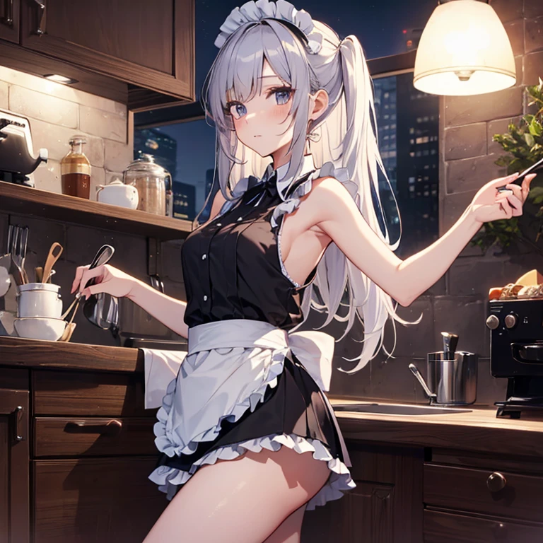 A maids, (in kitchen), various hair styles, night, details face, short skirt, seducing, sleeveless, maid uniform, armpits