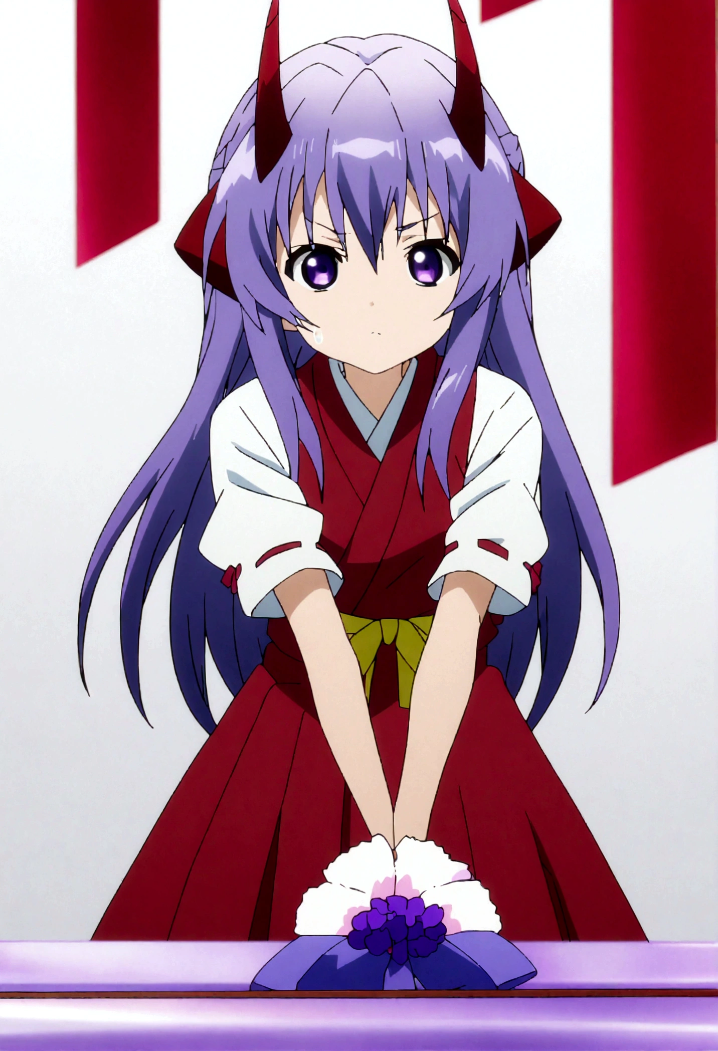 score_9, score_8_up, score_7_up, score_6_up, source_anime,BREAK , 1girl, hanyuu, solo, (tween:1.2), kawaii, ((horns)), medium breasts, purple eyes, purple hair, long hair, simple background, white background, japanese clothes, miko, skirt, hakama, hakama skirt, red detached sleeves, red hakama,v-arms,,straight-on,,anime screencap, anime coloring