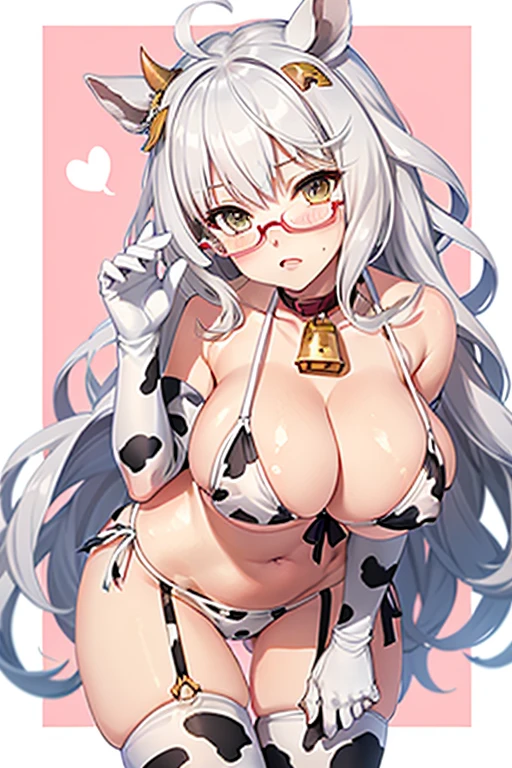 biwa hayahide \(umamusume\), under rim glasses,  body, big , sexypose, white , cow print bikini, white cow print gloves,white gloves, cow print elbow gloves, cow kneesocks, cow bell