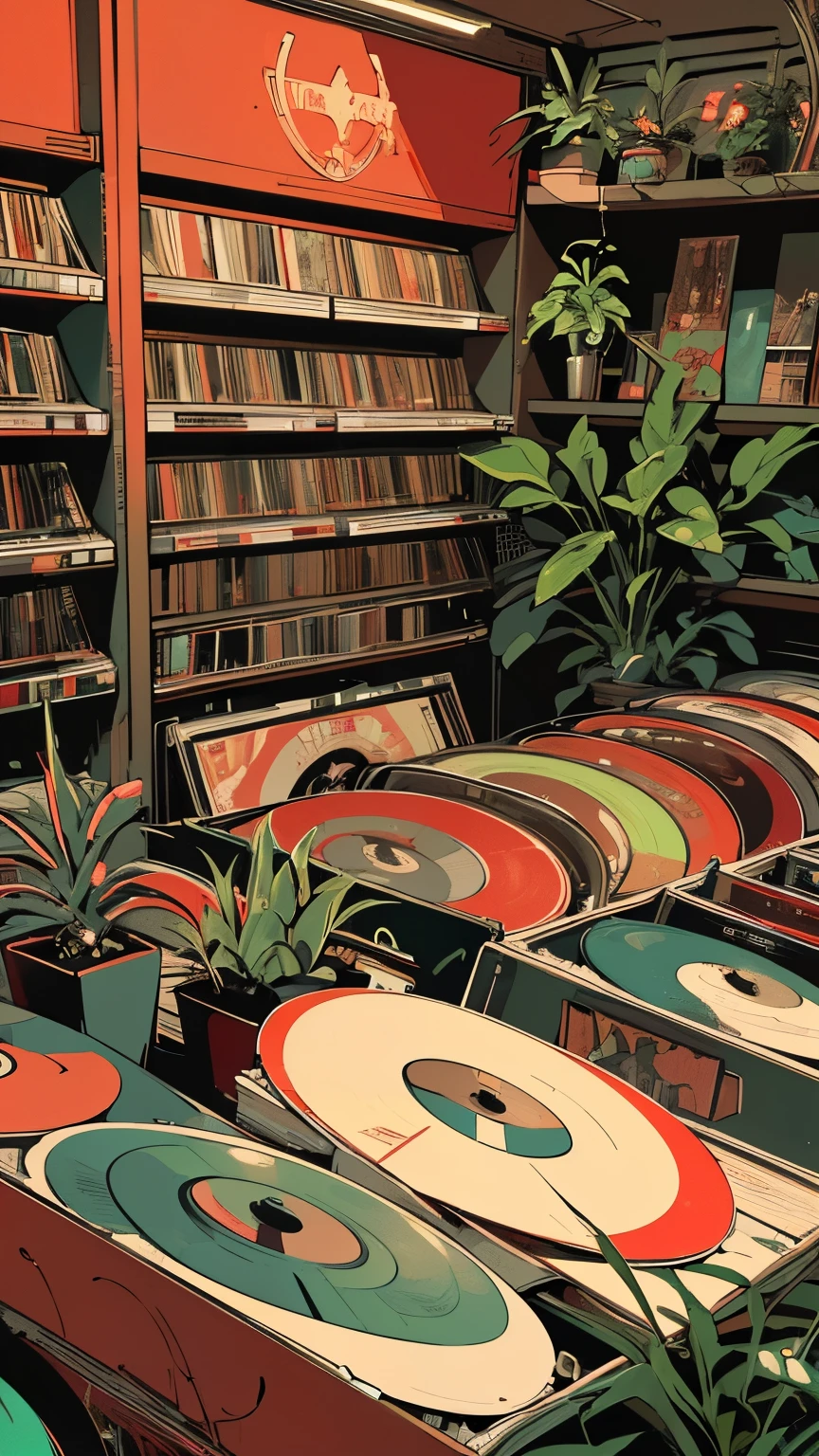 extreme quality, masterpiece, 8k, depth of field, intricate details, (((unattended))), space, movie poster, (((record store))), nostalgia, panorama, long shot, (((records on the shelves.))), (((Various angles))),Future Interior, (((neon))), (((Plants))), (((red color)))
