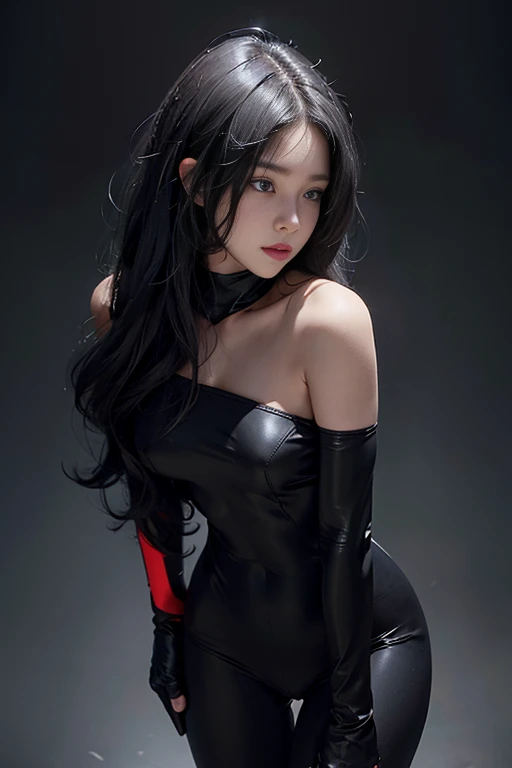 Skin-tight black bodysuit, Volumetric lighting、Highly detailed face、One girl、Exposed thighs、Exposed buttocks、(Accentuate small breasts)、、dark、Deep Shadow、Low Key、Hair length、Gray Hair、Top view