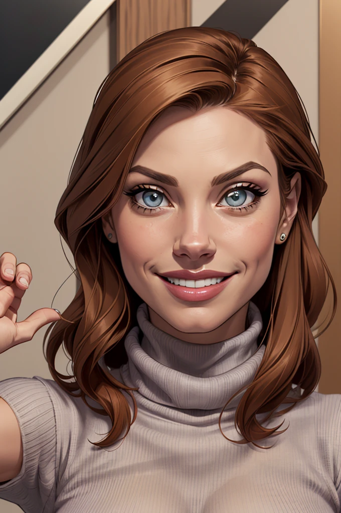 (estilo de desenho animado:1.2),  desenho de ([Jessica Chastain|Kelly Ripa|Mila Kunis]), wearing a loose turtleneck sweater, grande sorriso, olhos perfeitos, rosto detalhado, fundo de festa, pose divertida, olhar sedutor, confete, Custody