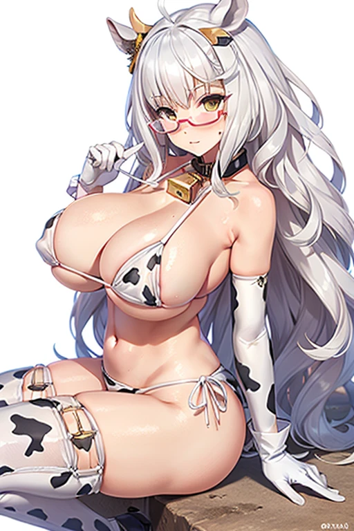 biwa hayahide \(umamusume\), under rim glasses, Sexy body, big tits, sexypose, white , cow print bikini, white cow print gloves,white gloves, cow print elbow gloves, cow kneesocks, cow bell