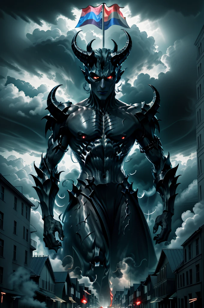 RAW photo, a mature powerful businessman with horns and jet-black skin in an upscale office, ((A demon enveloped in (LGBT+ flag), LGBT flag)), 8k uhd, masterpiece, award winning, absurdres gts flashlight photo. Smoke and clouds roil around him, adding to the sense of epic scale and drama. The lighting is dark, gloomy, and realistic, creating a tense and ominous atmosphere. The perspective is from below, emphasizing the sheer majesty and power of the A towering Giantess.