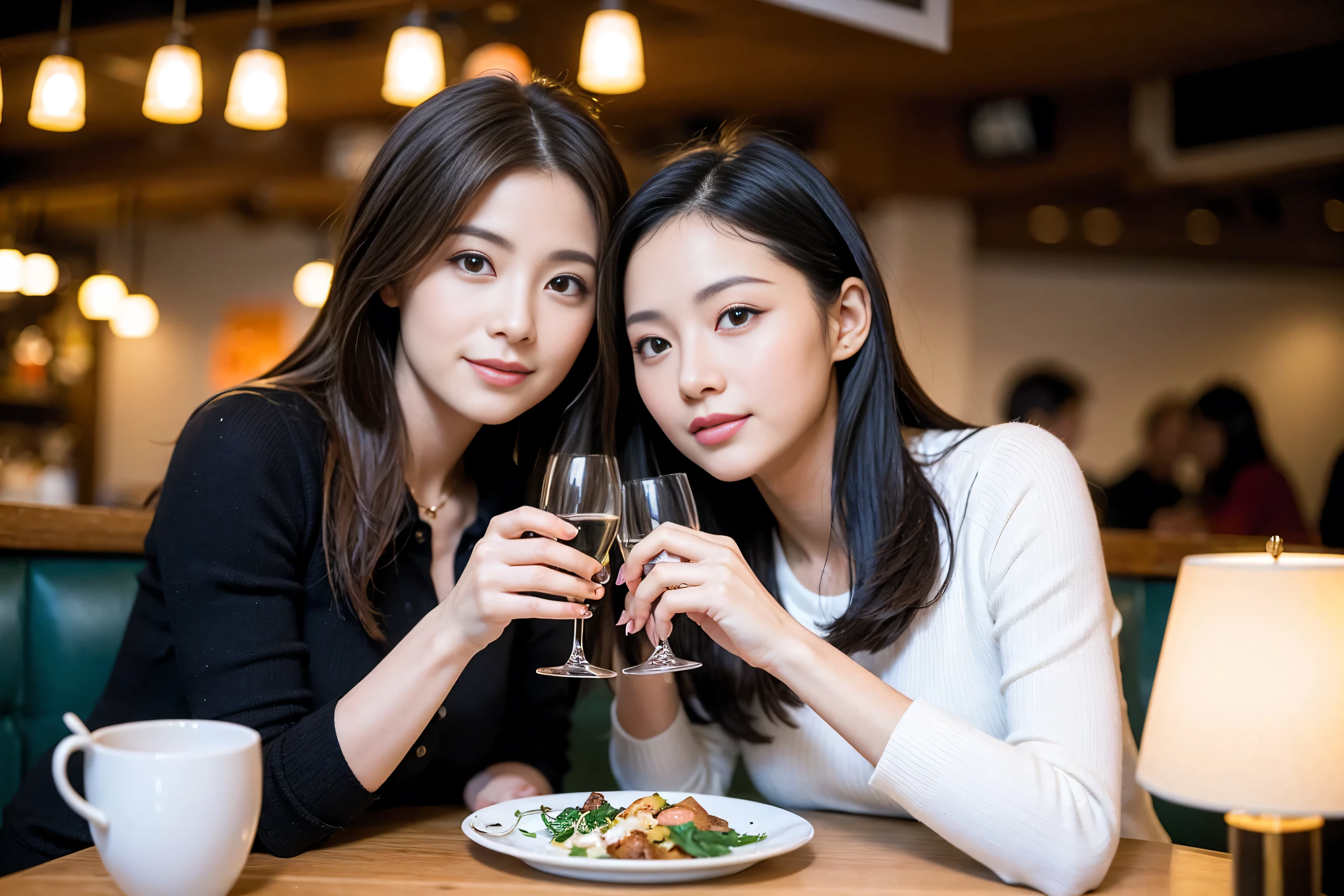 ((highest quality、8k、masterpiece:1.3))、1 male、1 female、Satomi Ishihara lookalike couple、Spouse、Couple、The body is slim、((Bob Hale、Straight hair:1.2)), (Realistic, Intricate details:1.2), Wine glass on the table、Shine light on your face、 Amazing view of the sunset sky and clouds、 short hair,Bright Face、 (Age 37), 39 years old, red wine 、Appetizers、Italian food、Wine bottle、Champagne、sparkling wine、Two beauties、Brown Hair、Shortcuts、Long sleeve shirt、dress、Pretty Woman 1, (Slim face), (The body is slim), (Brown Hair), (Shortcuts), cheeks turn a little red,Attractive beauty、restaurant, In a prominent place (From the waist up) Nova Frog Style, actress, model,
