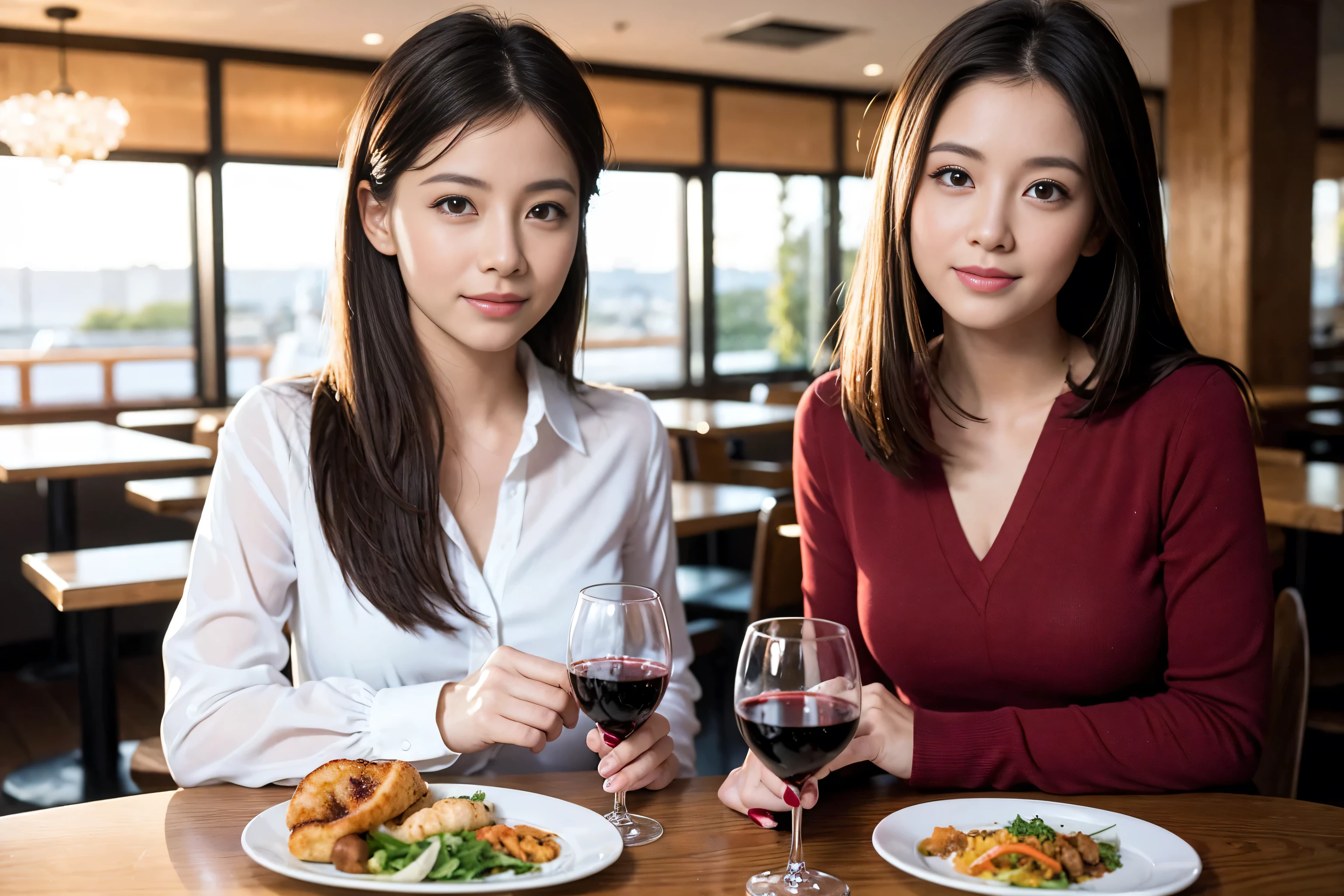 ((highest quality、8k、masterpiece:1.3))、1 male、1 female、Satomi Ishihara lookalike couple、Spouse、Couple、The body is slim、((Bob Hale、Straight hair:1.2)), (Realistic, Intricate details:1.2), Wine glass on the table、Shine light on your face、 Amazing view of the sunset sky and clouds、 short hair,Bright Face、 (Age 37), 39 years old, red wine 、Appetizers、Italian food、Wine bottle、Champagne、sparkling wine、Two beauties、Brown Hair、Shortcuts、Long sleeve shirt、dress、Pretty Woman 1, (Slim face), (The body is slim), (Brown Hair), (Shortcuts), cheeks turn a little red,Attractive beauty、restaurant, In a prominent place (From the waist up) Nova Frog Style, actress, model, 