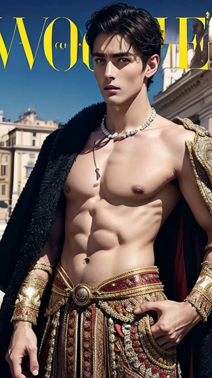 "A handsome shirtless man in Rome costume style", (Vogue magazine cover:1.4), best quality, masterpiece, very aesthetic, perfect composition, intricate details, ultra-detailed, romantic