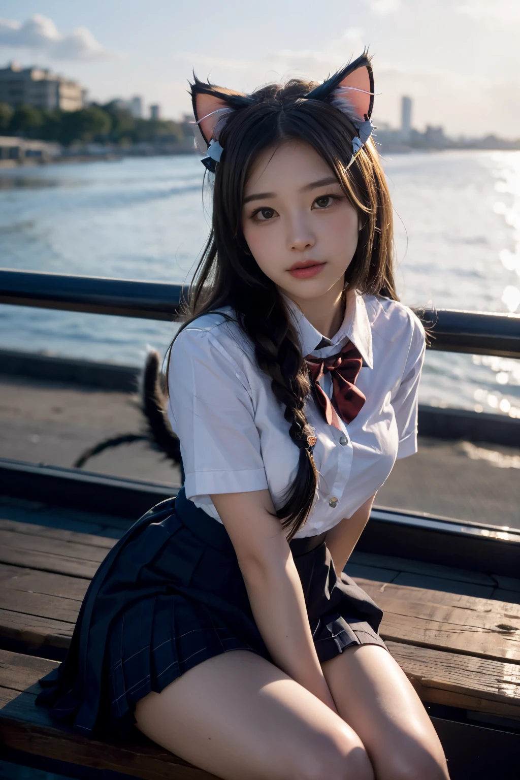 Masterpiece, bokeh, (Cat ears:1.4), Sitting in sundown seashore, Looking at the viewer, Plump breast, (high school uniform:1.3),