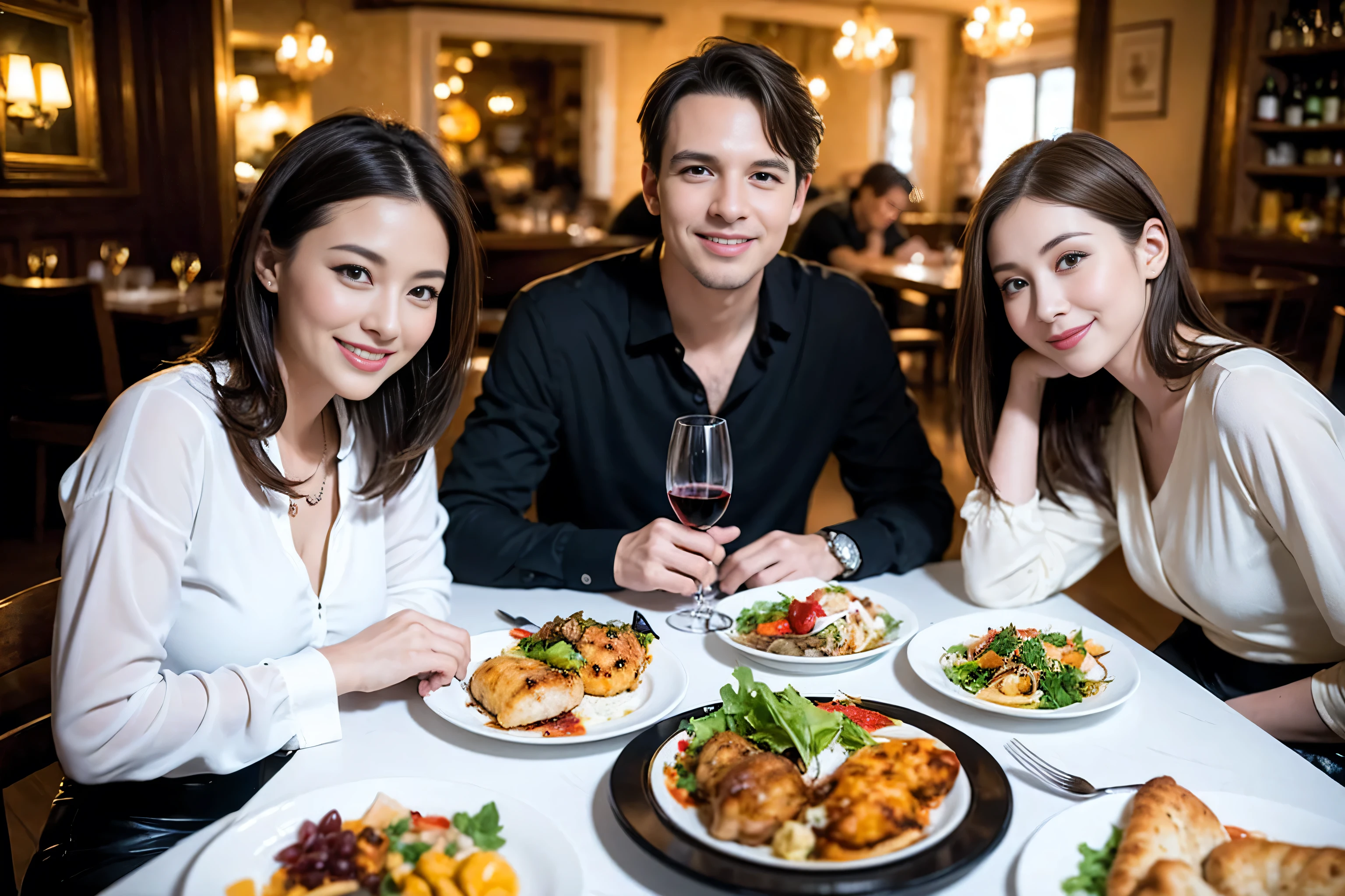 ((highest quality、8k、masterpiece:1.3))、1 male 1 female、lover、Beautiful couple、Smile、full-course dinner、 (Slim face), (the body is スリム), (Brown Hair), (Shortcuts), ((Bob Hale、Straight hair:1.2)), Wine glass on the table、Please shine a light on my face、 Amazing view of the sunset sky and clouds、The beauty of a smile、Shortcuts,Bright Face、 (42 years old), 39 years old, red wine 、Appetizers、Italian food、Wine bottle、Champagne、sparkling wine、Long sleeve shirt、dress、Attractive beauty、restaurant, Nova Frog Style, actress, model, Upper Body, White wine, red wine, wine glass, 