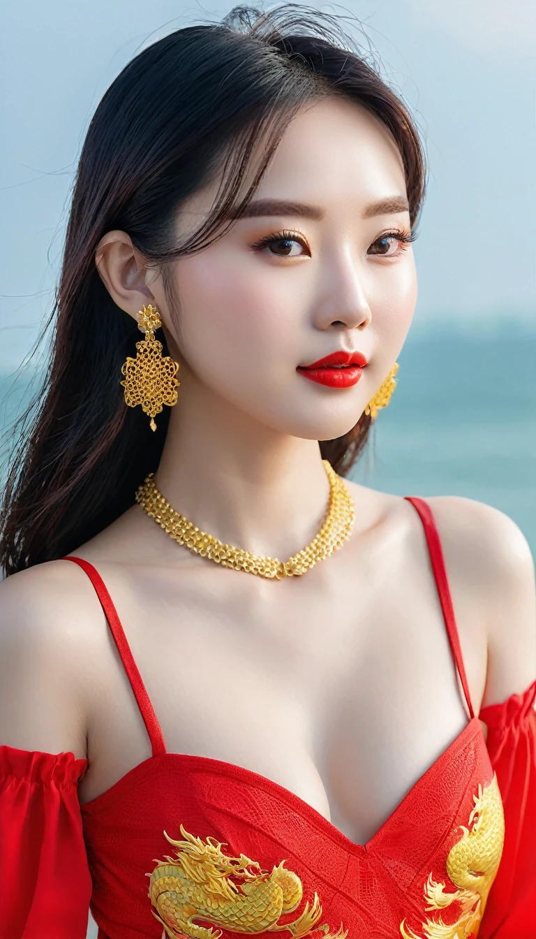 very beautiful girl; 
Age: from 18-20 years old;
skin: milk white, rosy and flawless, smooth texture, detail;
hair: yellow red, smooth, floating in the sunlight, detail;
eye: blue, charming, trang điểm high solution, true, long lanh, damp, siêu detail;
mí eye: delicate, Perfect Beauty, detail;
eyebrow: cong, dear, high solution, detail;
face: beautiful like a fairy, holiness, light makeup, Perfect balance, đẹp đến từng detail, tiêu điểm cực kỳ high solution;
nose: xinh, lovely, cao, detail;
cheekbone: prominent, detail;
lip: charming, (bright red lipstick), son bóng lovely, detail;
răng: Beaming smile, Lily-white, detail;
body: full of life, Tighten clothes;
accessory: chain, earring, bracelet, belt;
ngực: big and plump, Raised nipples, Deep chest slit, toning, bó chặt với Bra, damp, detail;
butt: develop, vừa khít underwear;
Bra: mesh fabric, metal thread, shiny;
underwear: colorful, bó sát body, bright red;
Image quality: ((masterpiece)), ((Highest quality)), ((not NSFW)), ((8K CG HD)), ((high solution và tương phản)), ((Super nice graphics)), (( professional)), ((màu sắc detail)), ((colourful)), ((ultrafine)), ((advanced techniques)), ((RAW thật)),((Perfect texture)), ((Perfectly proportioned structure)), ((perfect photo)), ((super sophisticated)), ((face sáng));
light: ((color complex)), ((yellow-black rays));
light mặt trời: ((twinkle)), ((chiếu sáng body cô gái));
Girls wear (golden armor), ((dragon scales)) splendid decoration; wear ((long yellow boots)) có trang trí lạ eye; chain, Necklaces and jewelry ((solid gold)); wear earring vàng lớn)); 
((ảnh cận cảnh face cô gái đứng trên chiến thuyền oai vệ, luxurious; Hand holding an ancient spear, big and long, mystical, conquer the ocean));
((Negative-prompt: tay xấu, Bad side, pussy xấu));