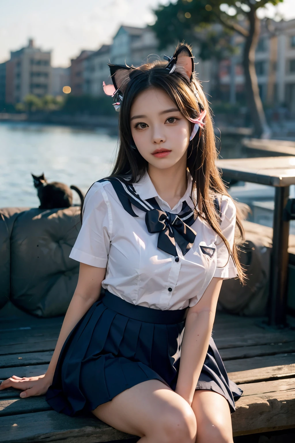 Masterpiece, bokeh, (Cat ears:1.4), Sitting in sundown seashore, Looking at the viewer, Plump breast, (high school uniform:1.3),