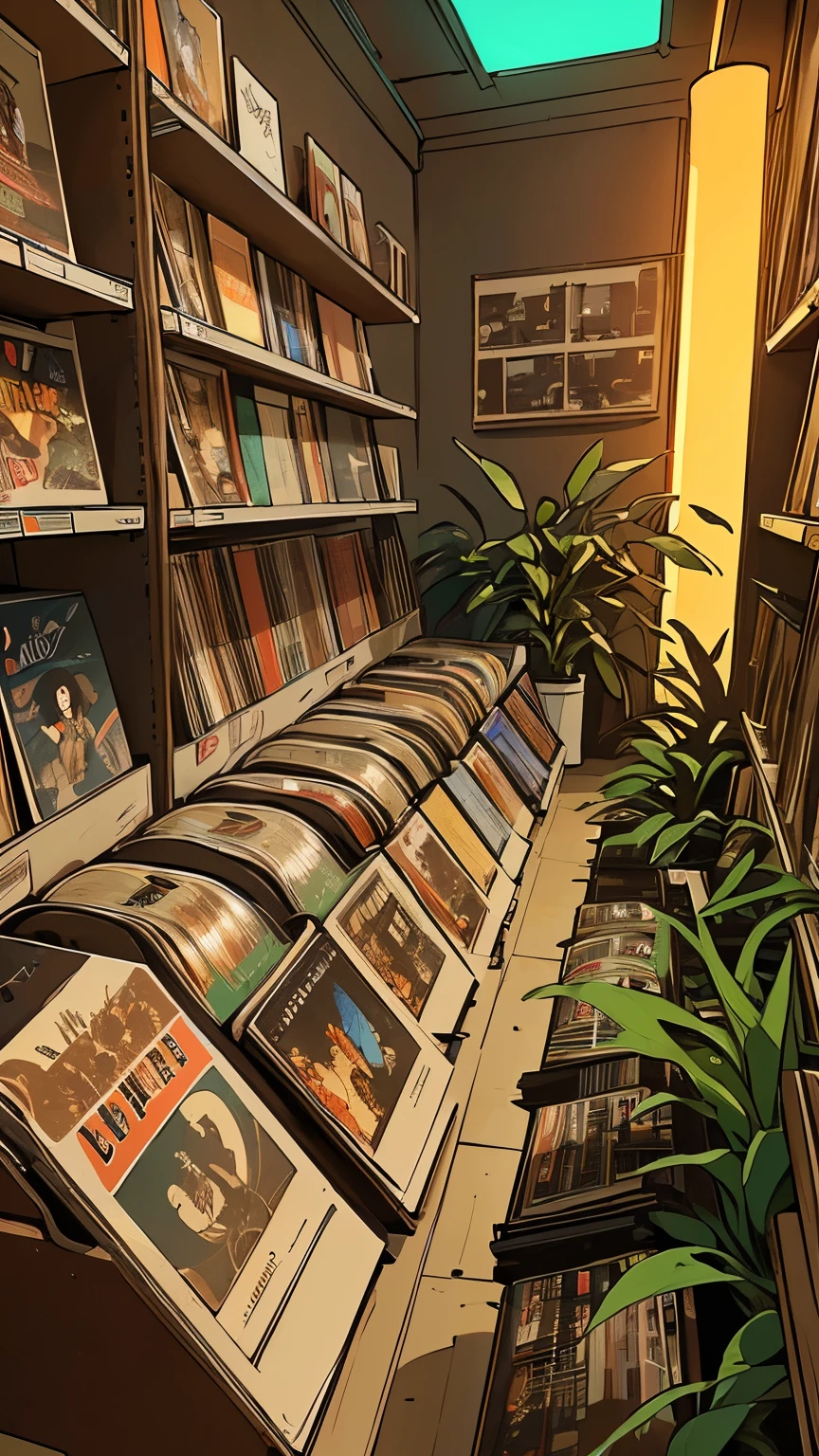 extreme quality, masterpiece, 8k, depth of field, intricate details, (((unattended))), space, movie poster, (((record store))), nostalgia, panorama, long shot, (((records on the shelves.))), (((Various angles))),Future Interior, (((neon))), (((Plants))), (((brown color)))