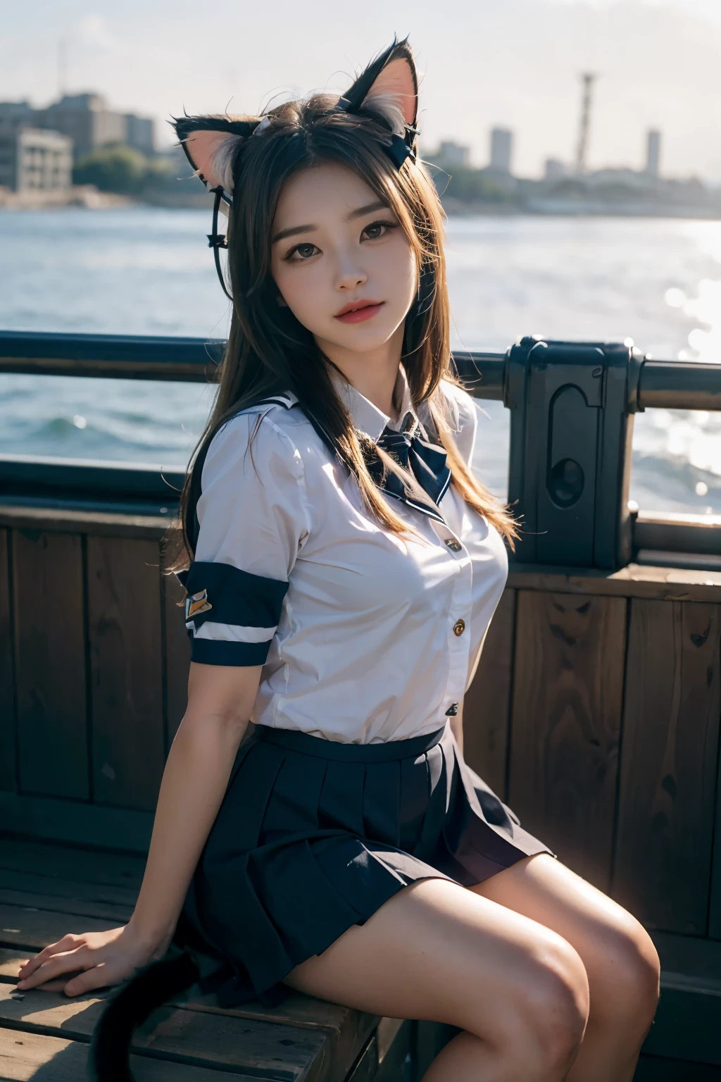 Masterpiece, bokeh, (Cat ears:1.4), Sitting in sundown seashore, Looking at the viewer, Plump breast, (high school uniform:1.3),