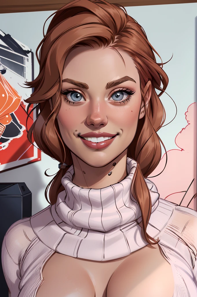 (estilo de desenho animado:1.2),  desenho de ([Jessica Chastain|Kelly Ripa|Mila Kunis]), wearing a loose turtleneck sweater, grande sorriso, olhos perfeitos, rosto detalhado, fundo de festa, pose divertida, olhar sedutor, confete, Custody