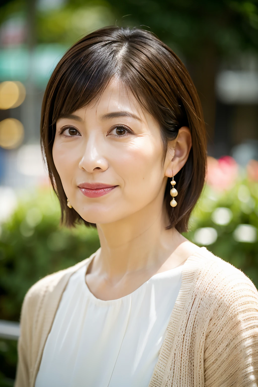(Very detailed), ((Realistic)), (Better Quality), Very beautiful woman, highest quality, 8k, masterpiece, Photorealism, practical, 1. Beautiful Japanese Women, Mature Woman, 40 years old, Delicate skin texture, short hair,Shooting from the side